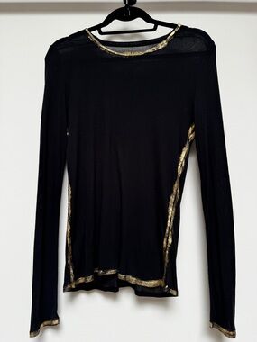 Zadig & Voltaire Willy Gold Foil Trim Long Sleeve Top in Black Medium - NWOT